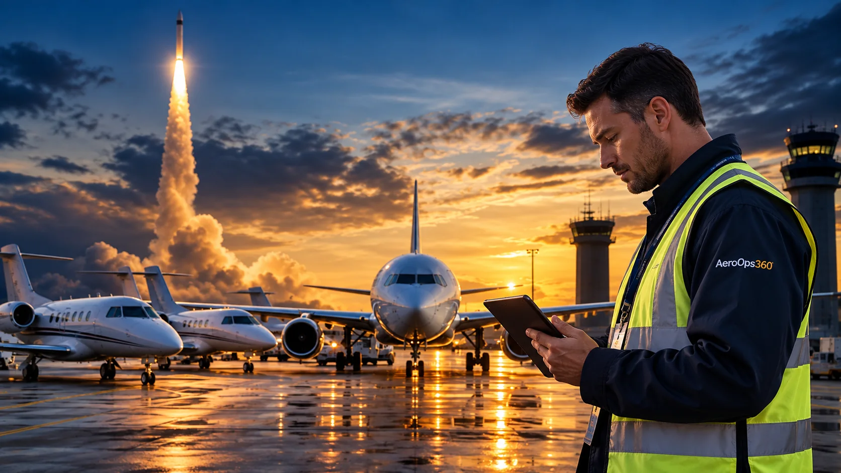AeroOps360 aviation auditor reviewing operations on a tablet on an airport ramp at sunset