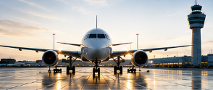 Commercial aircraft and aviation operations on an airport ramp