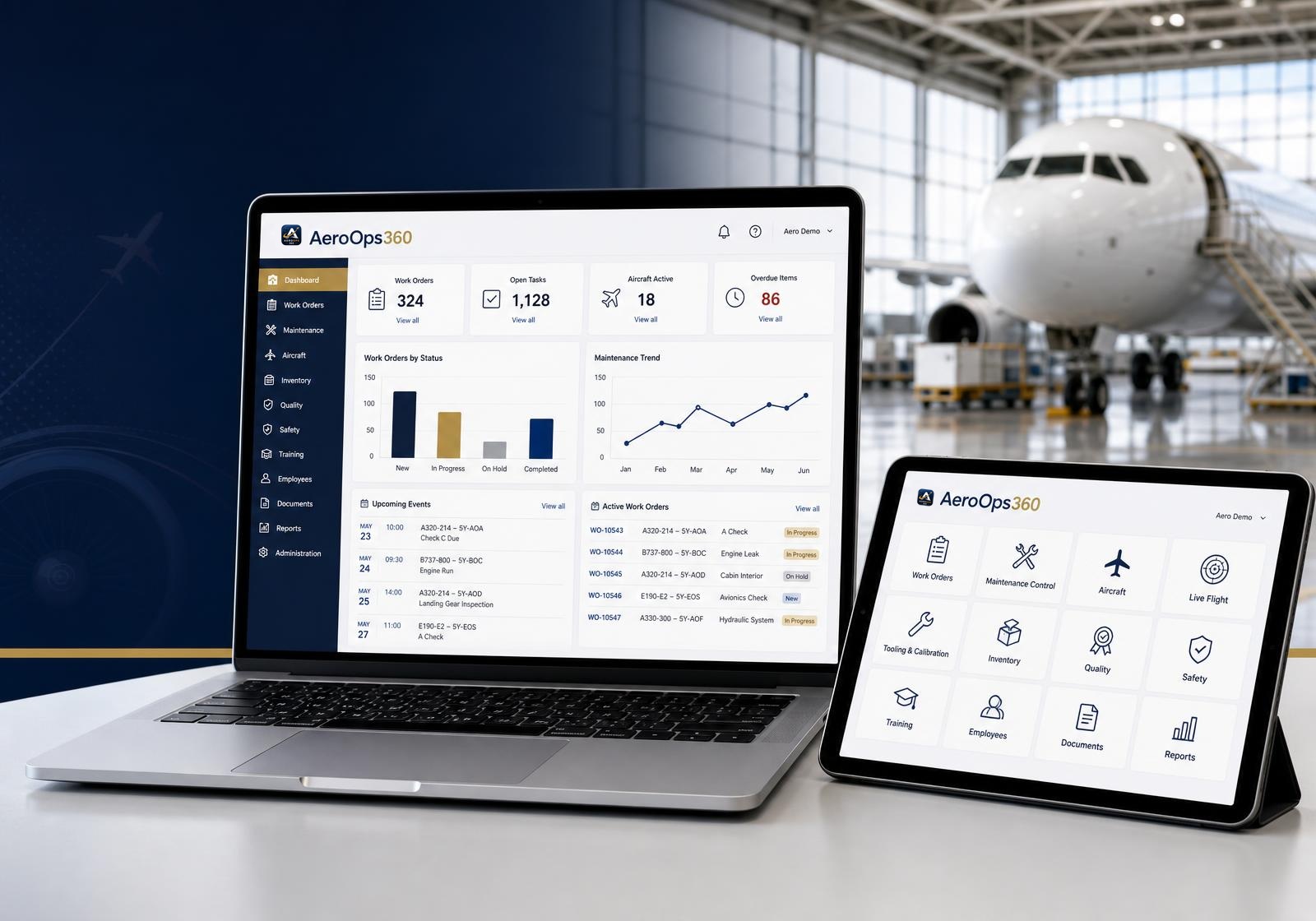 AeroOps360 desktop aviation operations dashboard